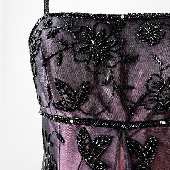 Vintage Plum Brown Floral Beaded Satin Gradient Mesh Maxi Prom Dress Size S - Picture 10 of 11